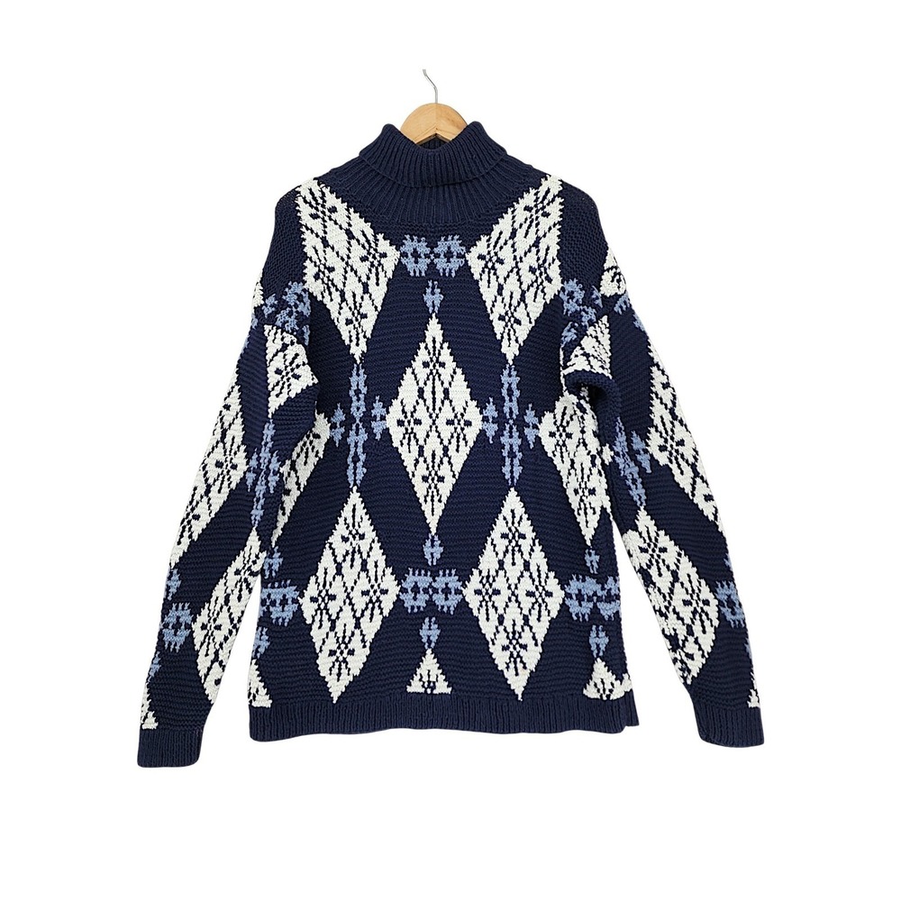 Jones New York Fisherman Sweater L Wom Navy Blue Argyle Hand Knit Mock Roll Neck